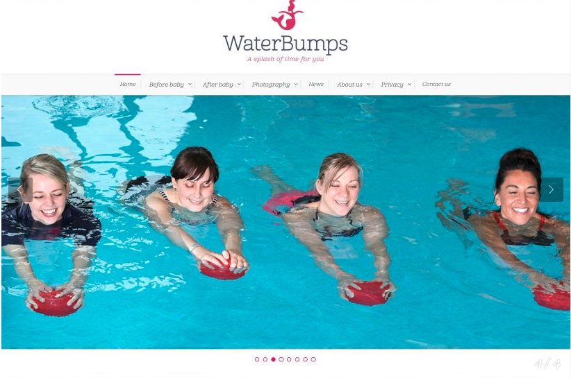 image showing website photography by Spencer Cobby Photography for WaterBumps, showing four pregnant women swimming in a pool together